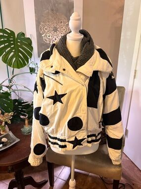 Bogner White Bomber Jacket with Black Star & Dot Motif